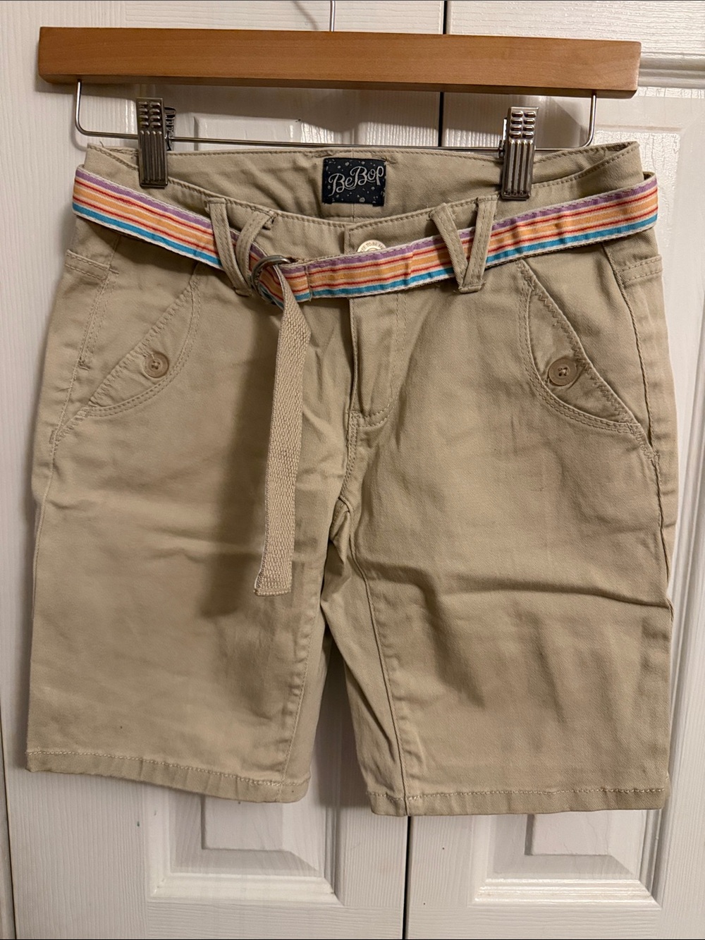 BeBop Tan Flat-Front Shorts with Multicolor Striped Belt